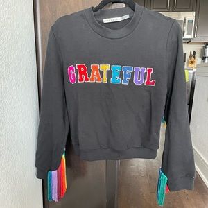 Alice & Olivia grateful word black fringe rainbow colorful sweatshirt